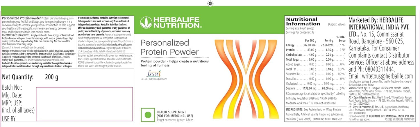 Herbalife Nutrition Personalized Protein Powder, Health Supplement for Adults (200 Gram, Unflavored)