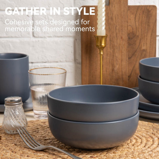 12-Piece Stoneware Dinnerware Sets With Mugs Microwave Dishwasher Safe Non-Toxic Dinner Plates Bowls Set Stackable Matte Glaze Kitchenware For 3