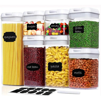 7-Piece Airtight Food Storage Set | BPA-Free Stackable Pantry Canisters | Clear Containers with Spring-Lock Lids & Reusable Labels | Mindful Kitchen Organization