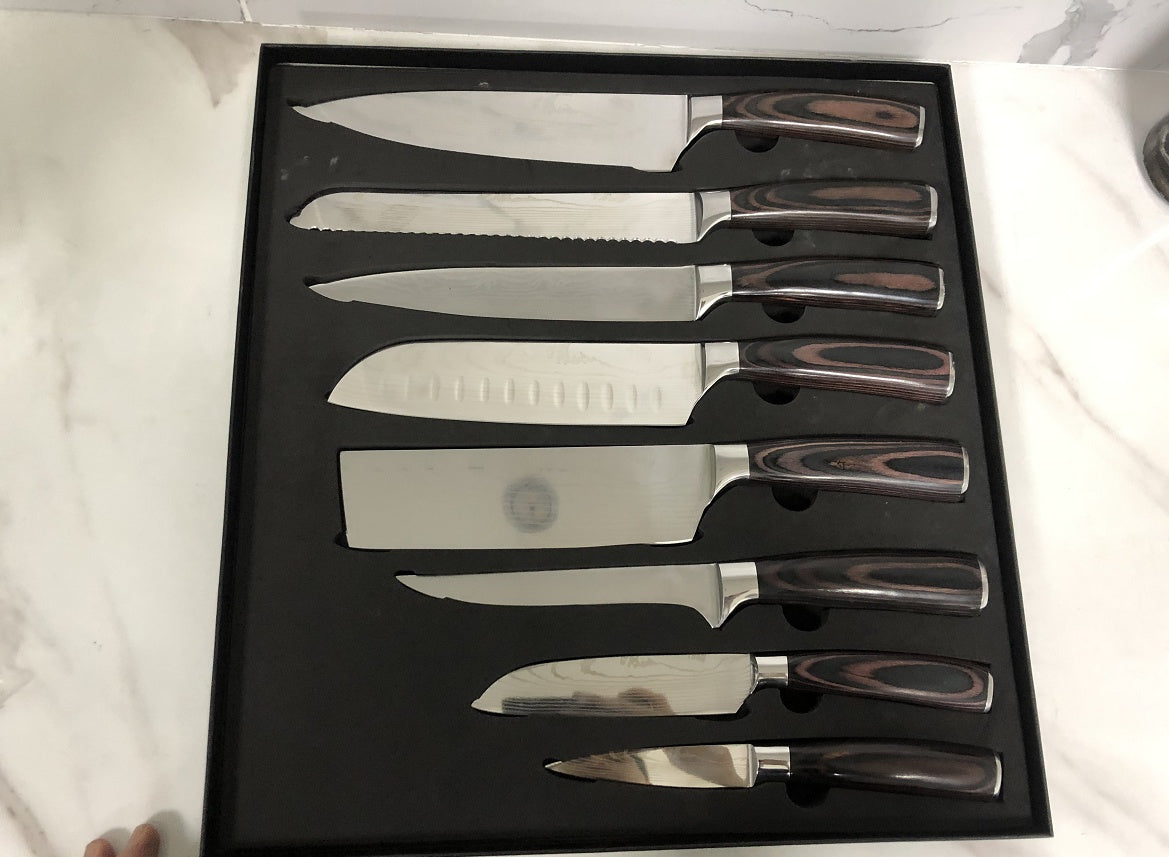 Imperial 8-Piece Japanese Knife Set | High Carbon Stainless Steel with Laser Damascus Pattern | Ergonomic Pakka Wood Handles | Ultra Sharp Professional Kitchen Collection