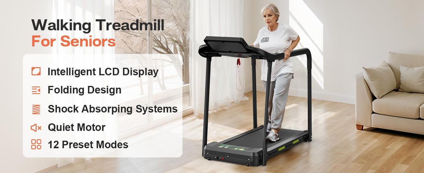 Elderly Rehabilitation Composite Shock-absorbing Treadmill With Extended Handrails And Enlarged Running Platform, Suitable For The Elderly, Load-bearing 300 Pounds, Safety Key, Easy-to-move Wheels