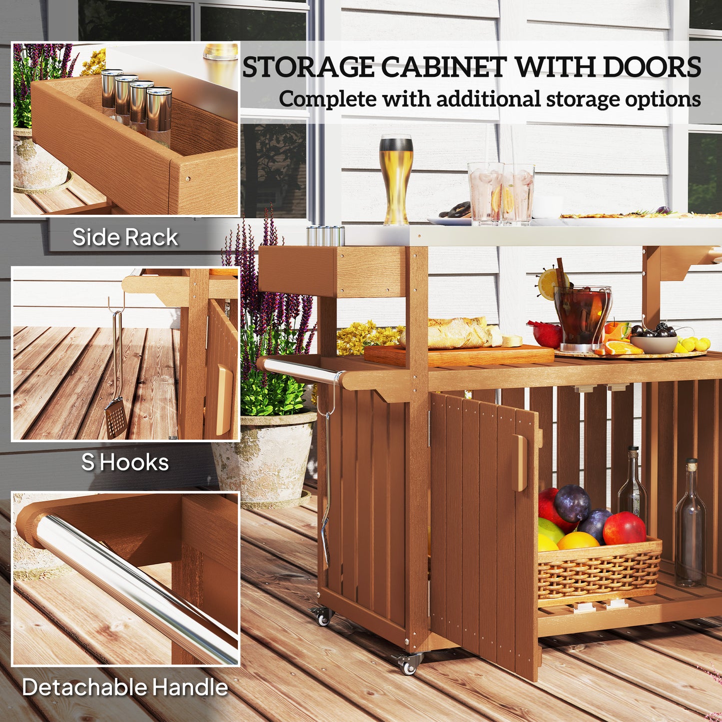 Outdoor Bar Cart With Storage, Stainless Steel Outdoor Bar Table Top, Wheeled HDPE Kitchen Island For Food Prep, Brown