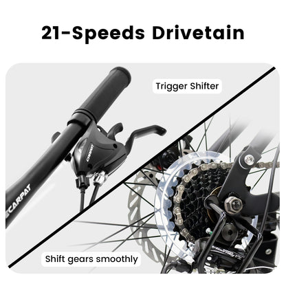 A2660 26 Inch Mountain Bike, 21-Speed Disc Brakes, Durable Frame, Front, Rear Dual-Shock Absorption, Unisex For Commuting, Travel, School, Mountain And City Road Cycling