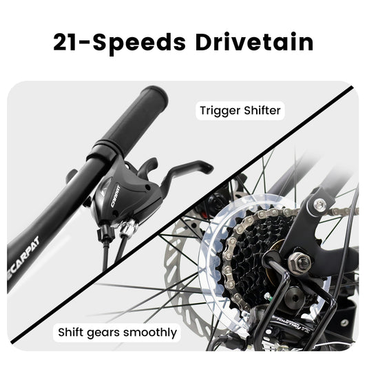 A2660 26 Inch Mountain Bike, 21-Speed Disc Brakes, Durable Frame, Front, Rear Dual-Shock Absorption, Unisex For Commuting, Travel, School, Mountain And City Road Cycling