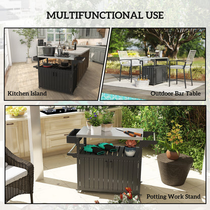 Outdoor Bar Cart with Storage, Stainless Steel Outdoor Bar Table Top, Wheeled HDPE Kitchen Island for Food Prep, Black