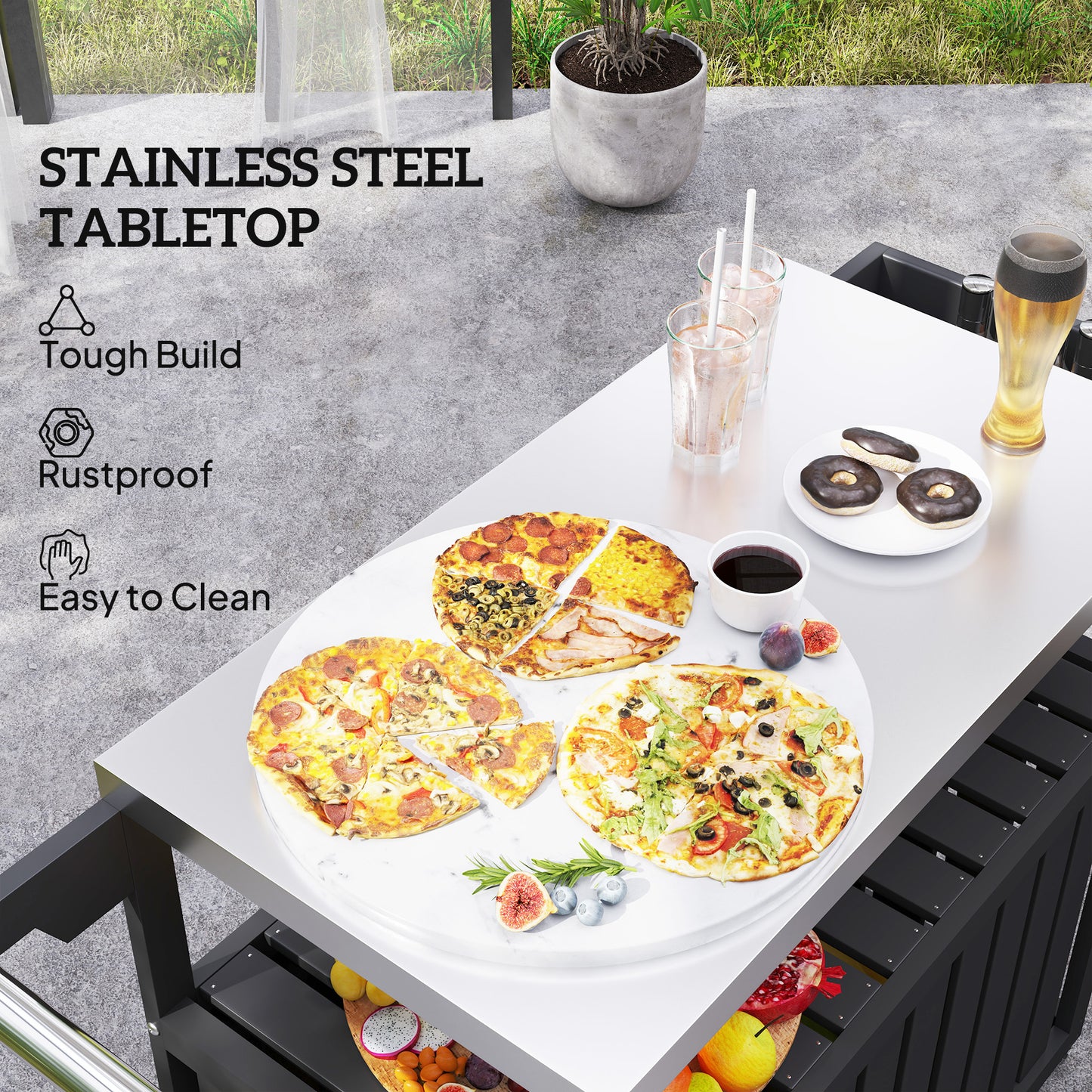 Outdoor Bar Cart with Storage, Stainless Steel Outdoor Bar Table Top, Wheeled HDPE Kitchen Island for Food Prep, Black