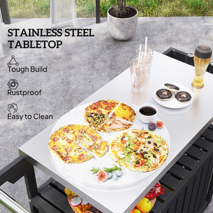 Outdoor Bar Cart with Storage, Stainless Steel Outdoor Bar Table Top, Wheeled HDPE Kitchen Island for Food Prep, Black