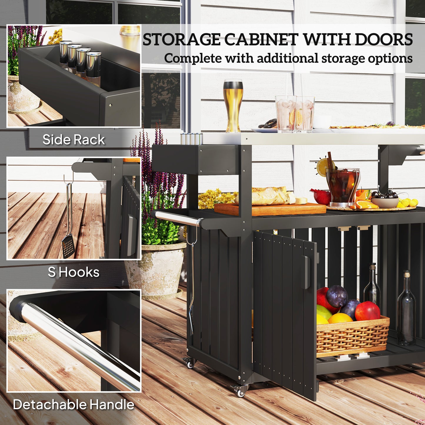 Outdoor Bar Cart with Storage, Stainless Steel Outdoor Bar Table Top, Wheeled HDPE Kitchen Island for Food Prep, Black