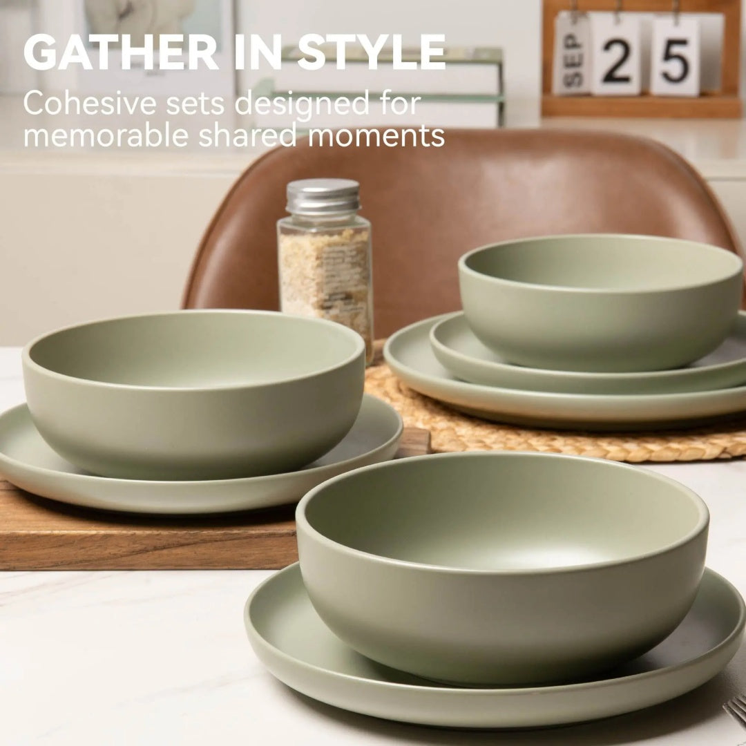 12-Piece Stoneware Dinner Plates Bowls Sets  Microwave  Dishwasher Safe  Non-Toxic Dinner Plates Bowls Set  Stackable Matte Glaze Kitchenware For 4