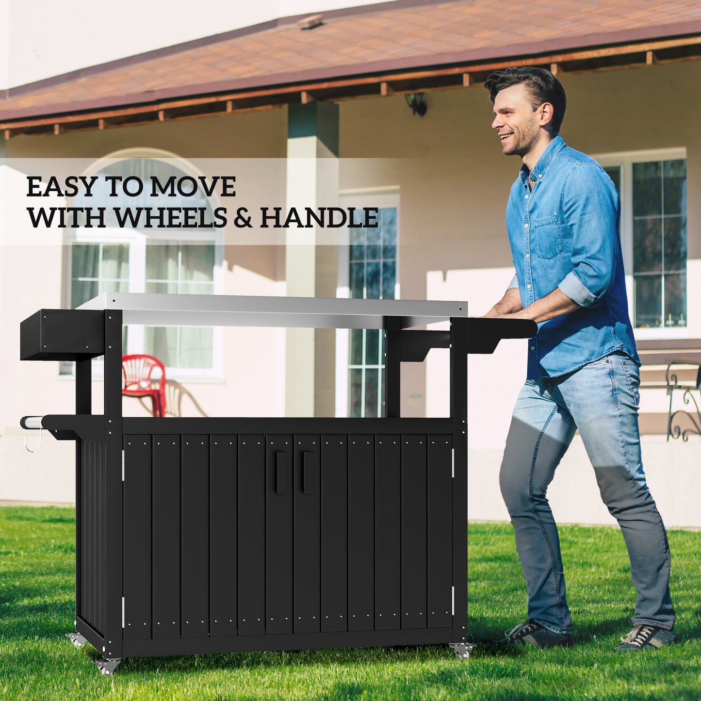 Outdoor Bar Cart with Storage, Stainless Steel Outdoor Bar Table Top, Wheeled HDPE Kitchen Island for Food Prep, Black