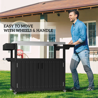 Outdoor Bar Cart with Storage, Stainless Steel Outdoor Bar Table Top, Wheeled HDPE Kitchen Island for Food Prep, Black