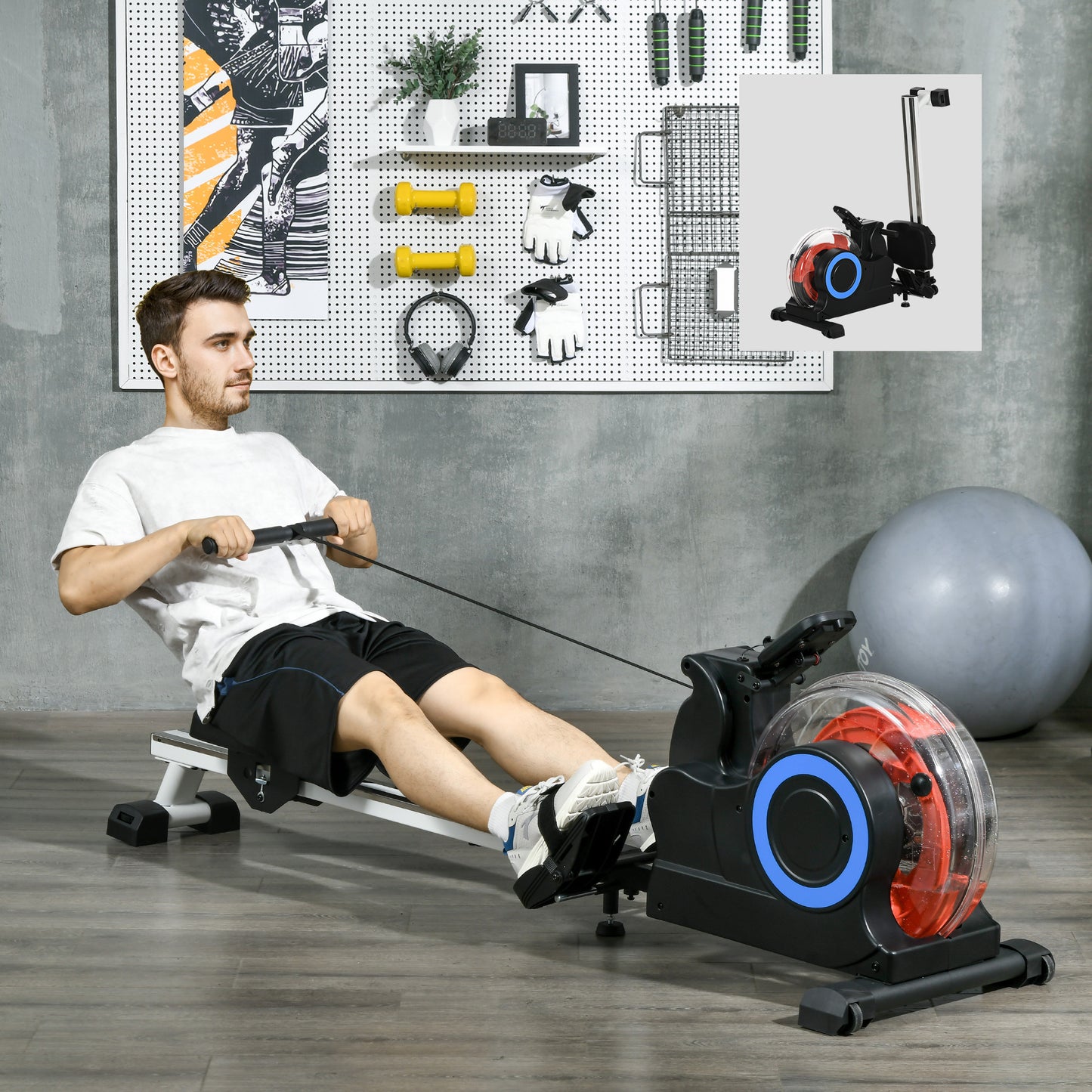 Foldable Rower Machine, Water Rowing Machine with Wheels, LCD Monitor and Tablet Holder for Cardio Training, Blue