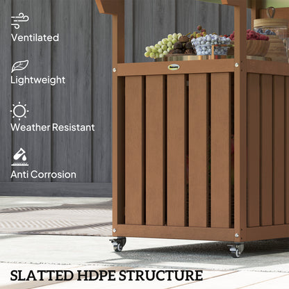 Outdoor Bar Cart With Storage, Stainless Steel Outdoor Bar Table Top, Wheeled HDPE Kitchen Island For Food Prep, Brown