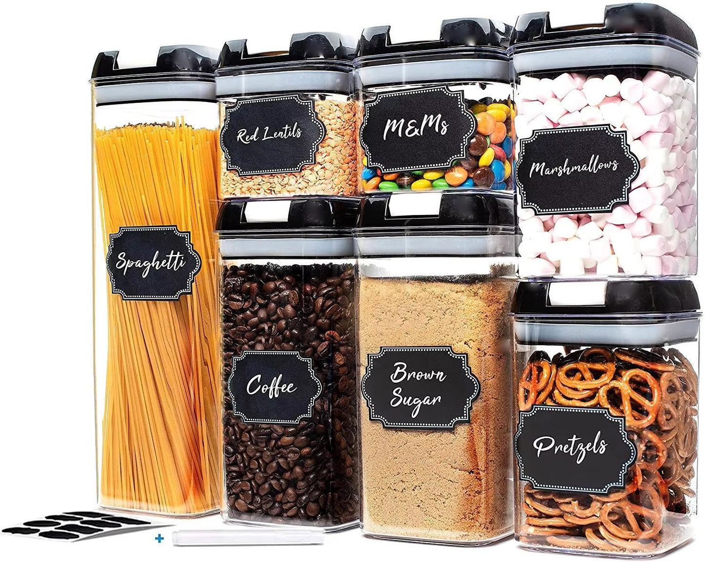 7-Piece Airtight Food Storage Set | BPA-Free Stackable Pantry Canisters | Clear Containers with Spring-Lock Lids & Reusable Labels | Mindful Kitchen Organization