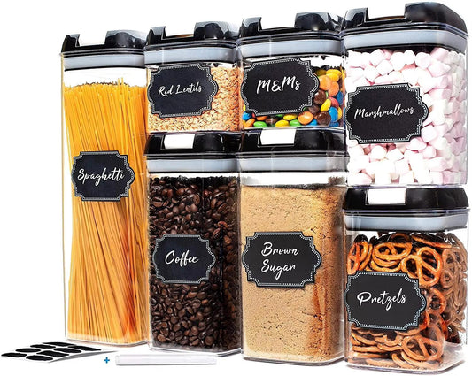 7-Piece Airtight Food Storage Set | BPA-Free Stackable Pantry Canisters | Clear Containers with Spring-Lock Lids & Reusable Labels | Mindful Kitchen Organization