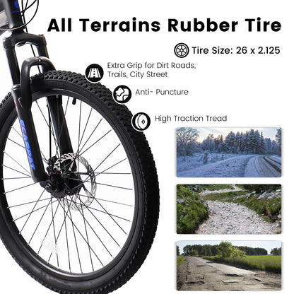 A2660 26 Inch Mountain Bike, 21-Speed Disc Brakes, Durable Frame, Front, Rear Dual-Shock Absorption, Unisex For Commuting, Travel, School, Mountain And City Road Cycling