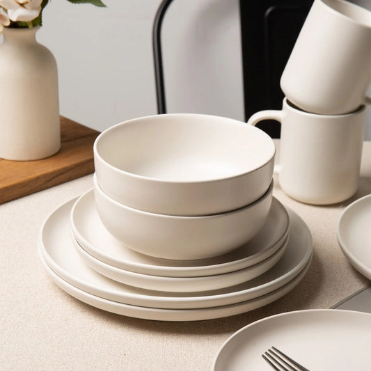 12-Piece Stoneware Dinnerware Sets With Mugs  Microwave  Dishwasher Safe  Non-Toxic Dinner Plates Bowls Set  Stackable Matte Glaze Kitchenware For 3