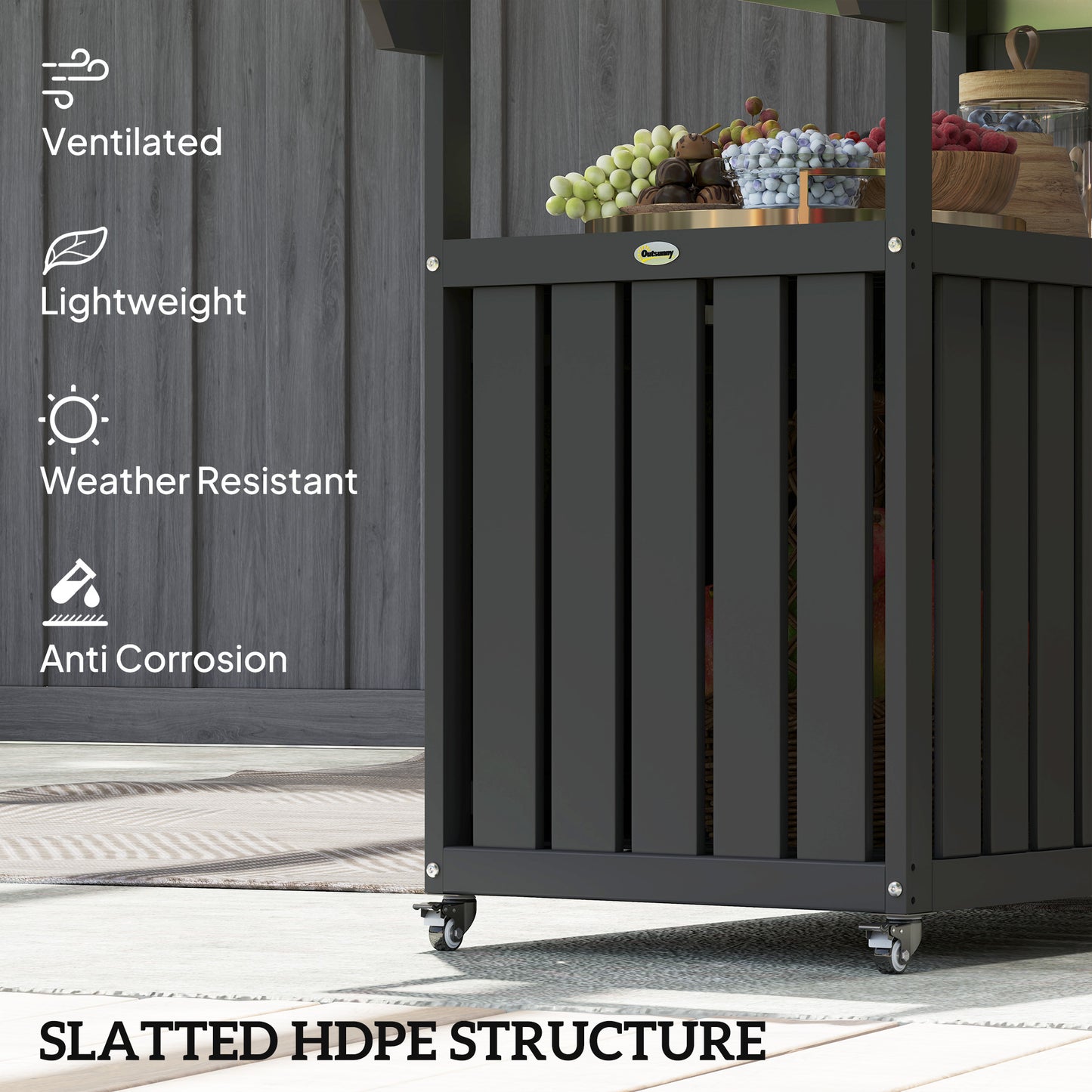 Outdoor Bar Cart with Storage, Stainless Steel Outdoor Bar Table Top, Wheeled HDPE Kitchen Island for Food Prep, Black