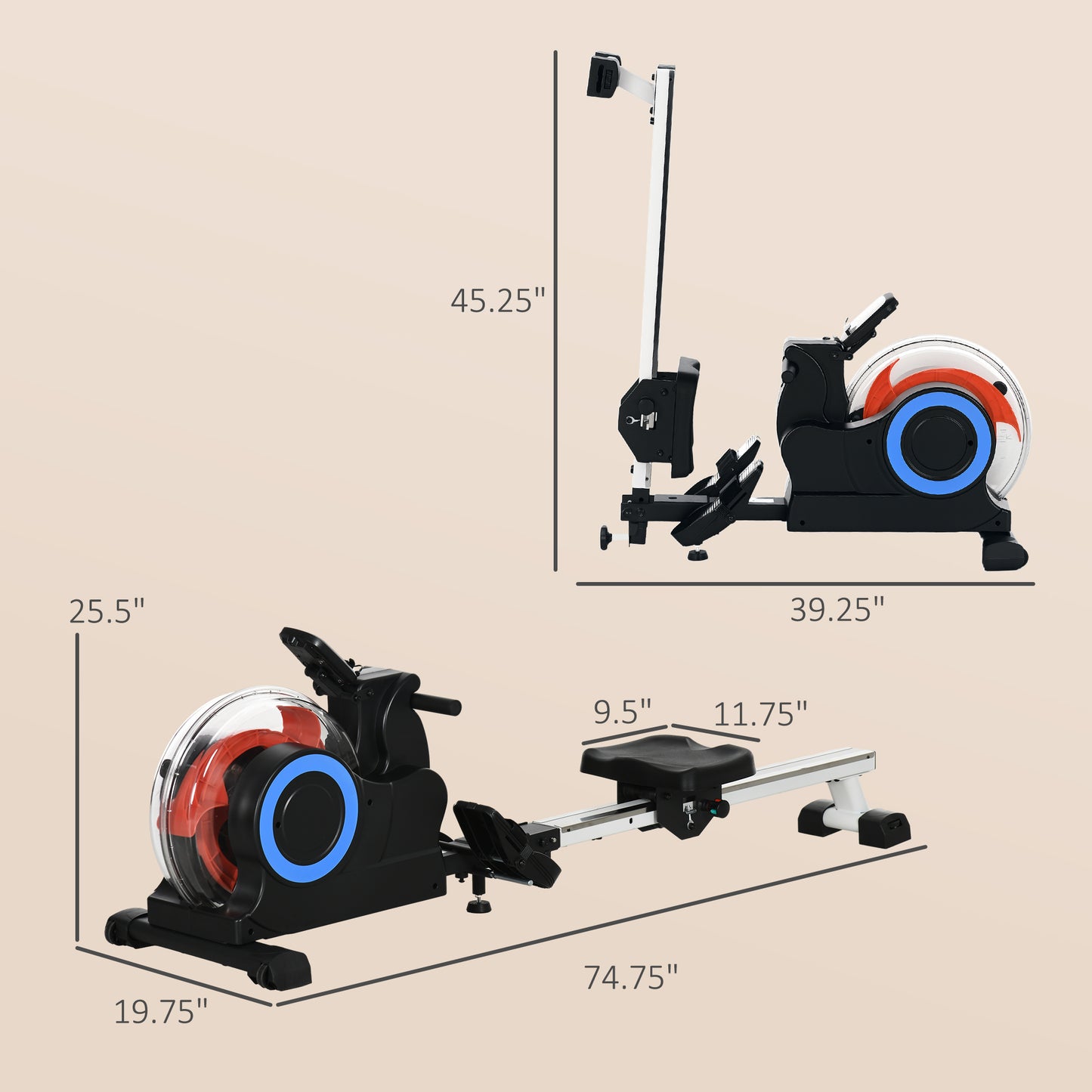 Foldable Rower Machine, Water Rowing Machine with Wheels, LCD Monitor and Tablet Holder for Cardio Training, Blue