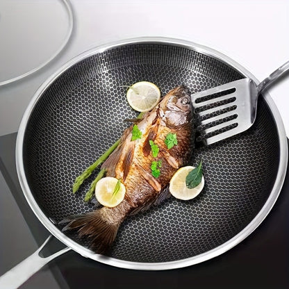 1PC Household Kitchen Honeycomb Stainless Steel Non Stick Frying Pan,Easy To Clean, Suitable For Frying Steak, Fish, And Eggs,Suitable For All Stoves