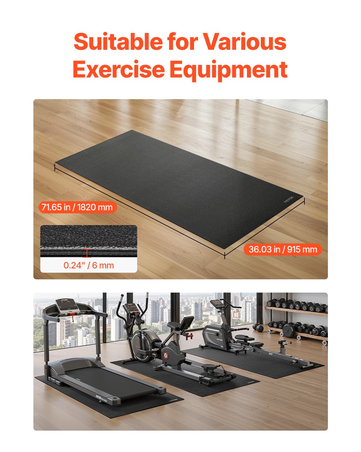 Treadmill Mat For Carpet Floor, 1/4" Thick, 36" X 72" Exercise Equipment Mat For Treadmills, Elliptical, Rowing Machine, High Density PVC Floor Protector, Waterproof And Non-slip For Home Gym