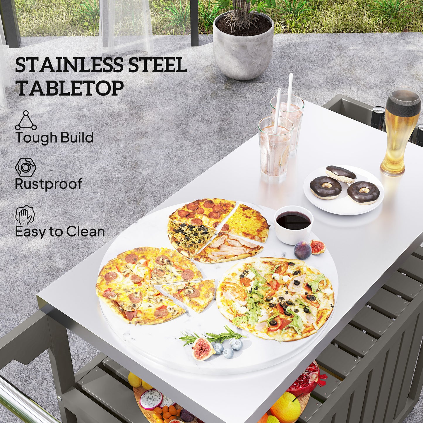 Outdoor Bar Cart With Storage, Stainless Steel Outdoor Bar Table Top, Wheeled HDPE Kitchen Island For Food Prep, Gray