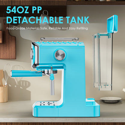 20 Bar Espresso Machine - Professional Compact Espresso Maker With Milk Frother, 54oz Large Water Tank, Low Noise, For Cappuccino, Latte, Blue, Amazon Resale Prohibited