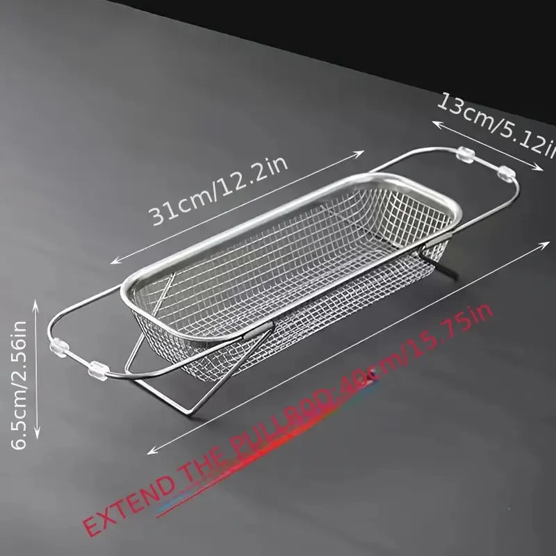 Expandable Stainless Steel Kitchen Sink Drain Basket - Adjustable Dish, Bowl & Cutlery Washing Rack With Space-Saving Design, Drains Forks, Knives, Fruits & Vegetables, Durable & Easy-Clean